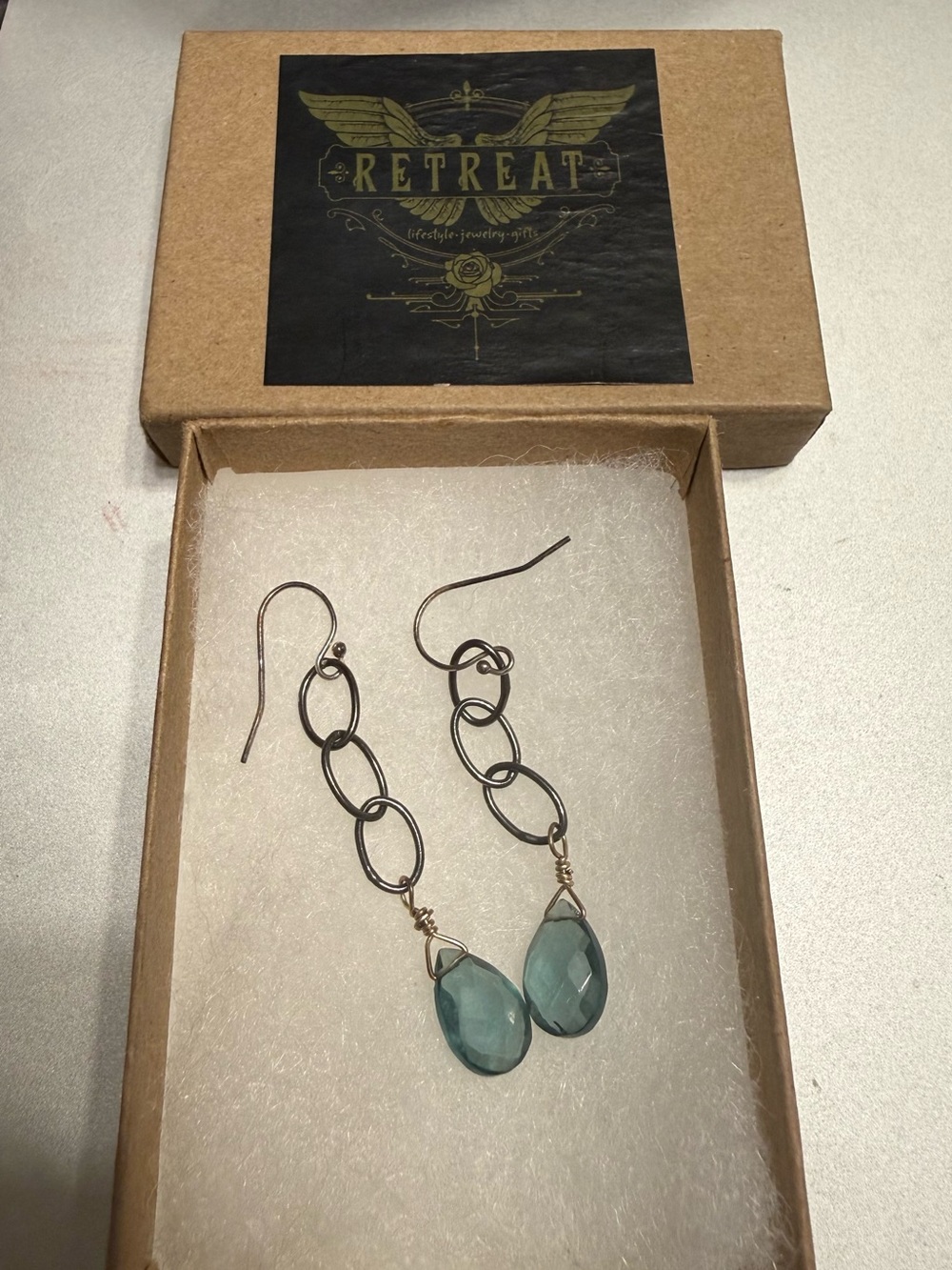 Retreat Aqua Faceted Teardrop Dangle Earrings Chain Artisan Style